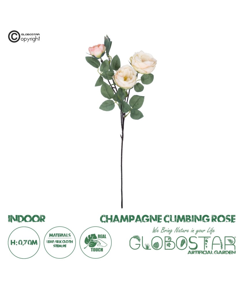 GloboStar® Artificial Garden CHAMPAGNE CLIMBING ROSE BRANCH 21183 Τεχνητό Διακοσμητικό Κλαδί Τριαντάφυλλο Σαμπανιζέ Y70cm